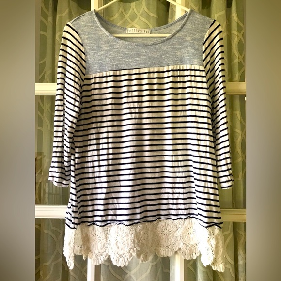 Potter’s Pot size L long sleeve shirt in light heather blue & navy white stripe - Picture 1 of 5